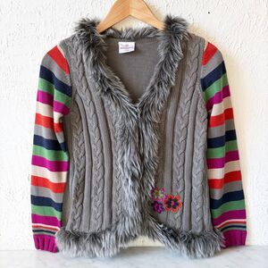 Hanna Andersson Grey Cable Knit Sweater Girls 150/12 Faux Fur Striped Sleeves